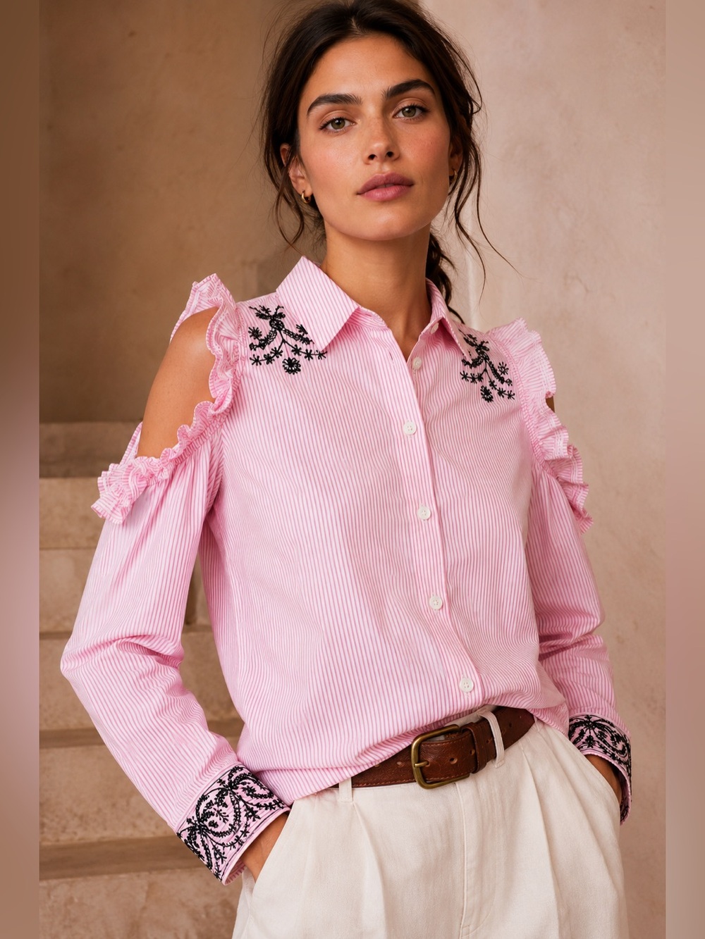 Nanette Lepore Pink Stripe Cold Shoulder Embroidered Ruffle Blouse XS